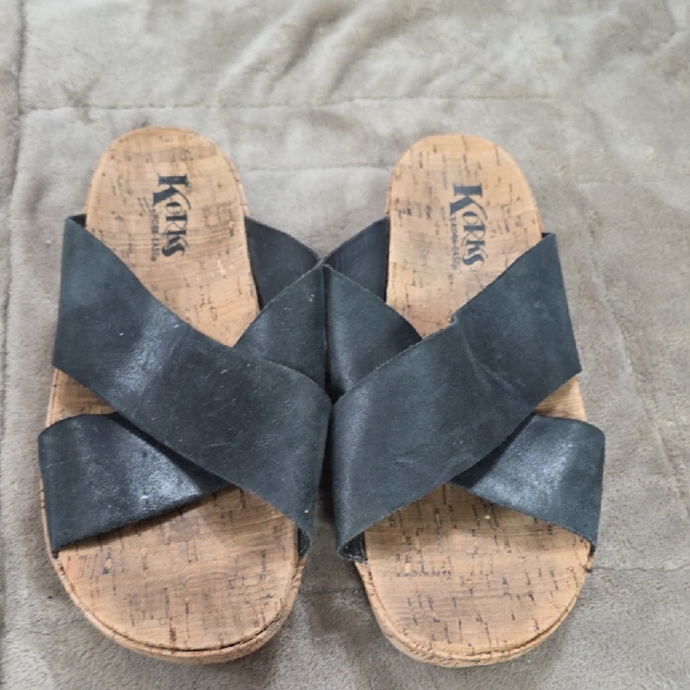 Korks Women's Black Leather Strappy Slide Sandals Cork Casual Summer Sz 8 GUC